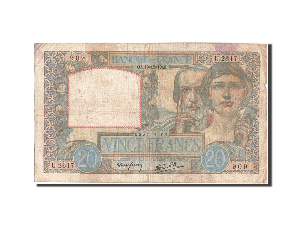 France, 20 Francs, 20 F 1939-1942 ''Science et Travail'', 1940, KM:92b, 1940-...