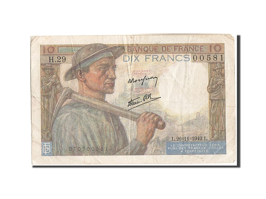 Geldschein, Frankreich, 10 Francs, 10 F 1941-1949 ''Mineur'', 1942, 1942-11-26