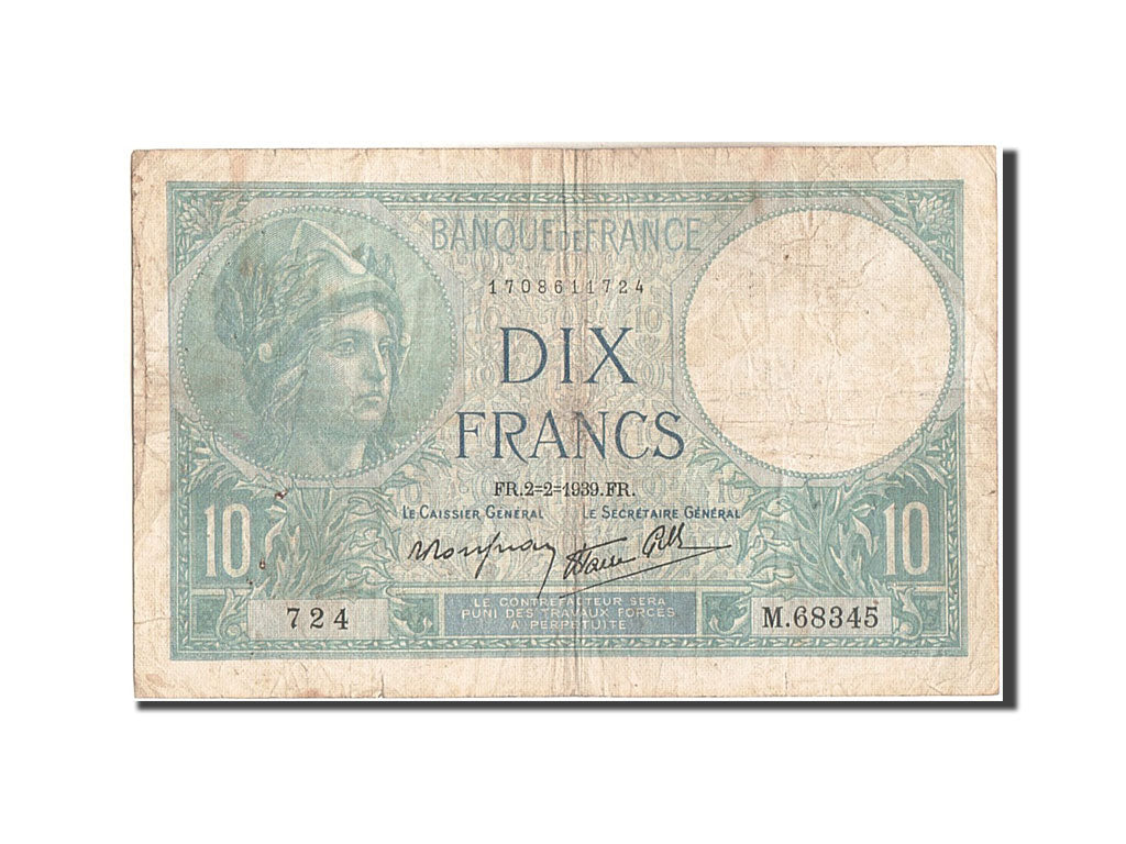 France, 10 Francs, 10 F 1916-1942 ''Minerve'', 1939, KM:84, 1939-02-02, VF(20...