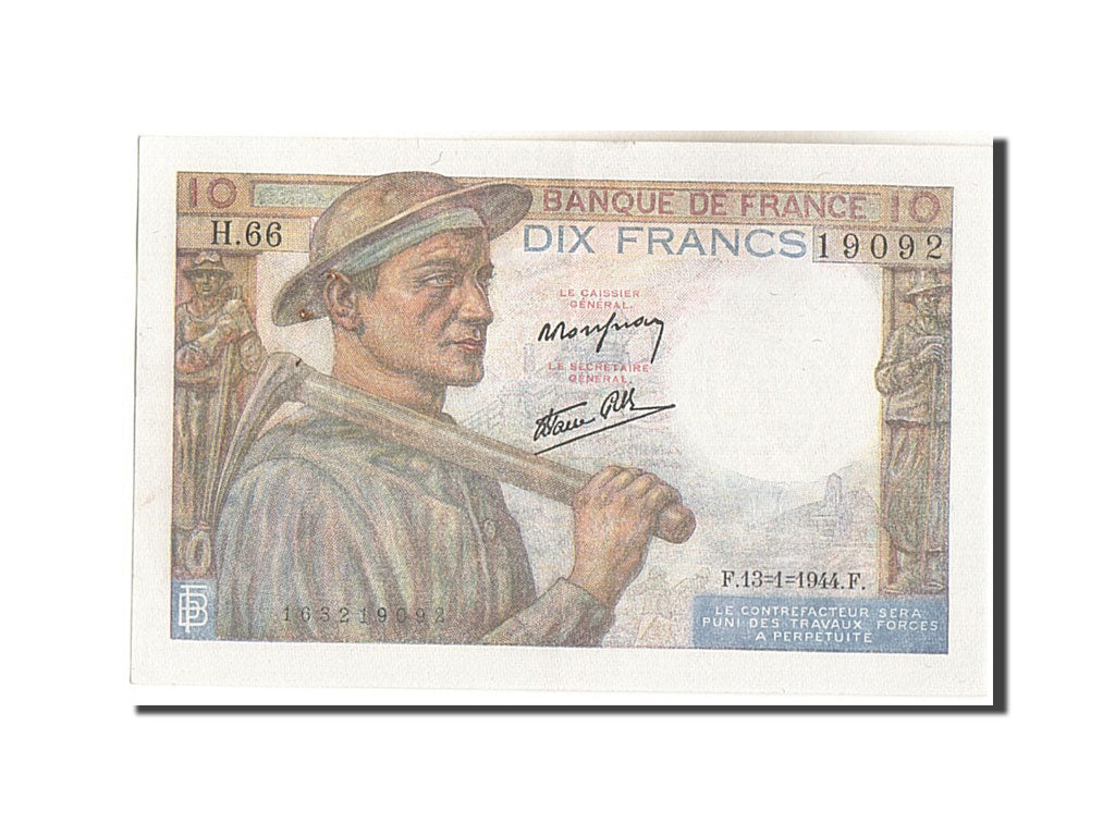 Francia, 10 Francs, 10 F 1941-1949 ''Mineur'', 1944, KM:99e, 1944-01-13, SPL-...