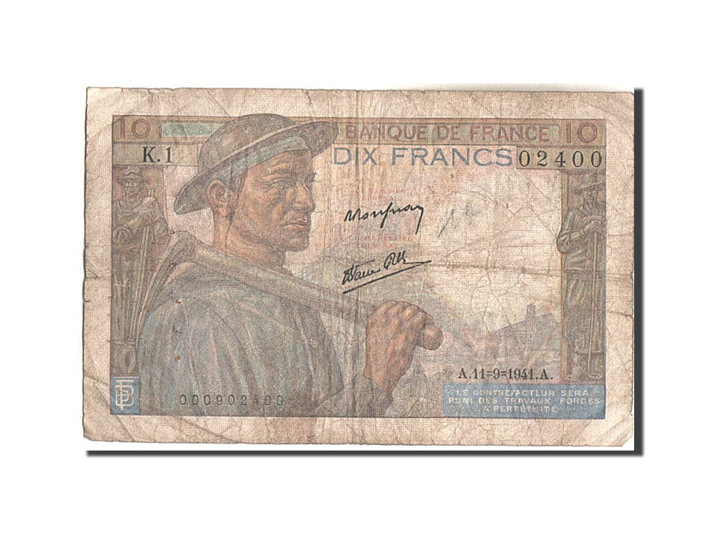 France, 10 Francs, 10 F 1941-1949 ''Mineur'', 1941, KM:99a, 1941-09-11, VG(8-...