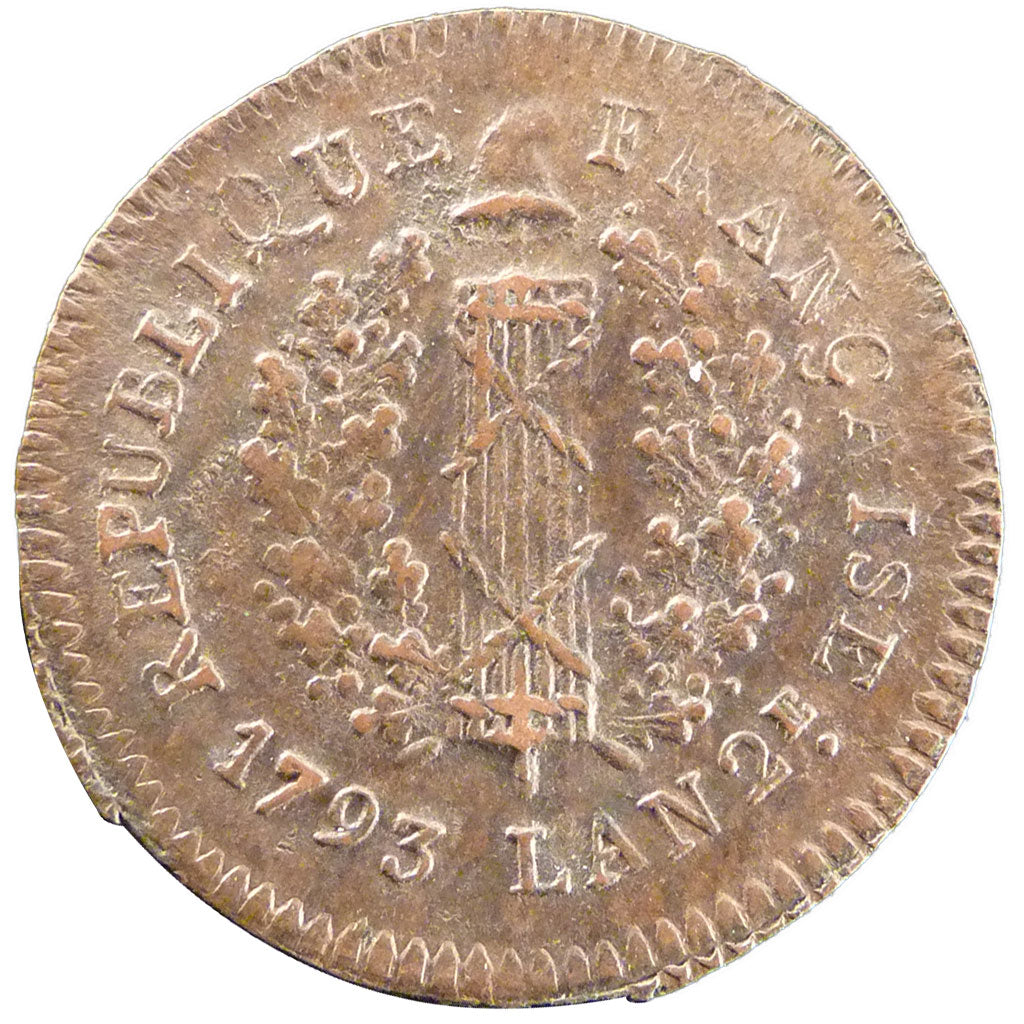 FRANCE, 1 Sol, 1793, AU(50-53), Copper, Gadoury #65, 3.30