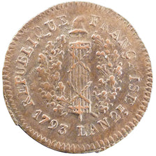 FRANCE, 1 Sol, 1793, AU(50-53), Copper, Gadoury #65, 3.30