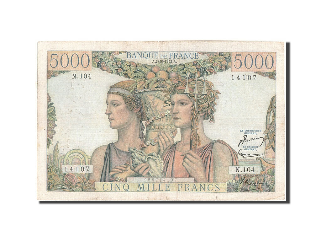 France, 5000 Francs, 5 000 F 1949-1957 ''Terre et Mer'', 1952, KM:131c, 1952-...
