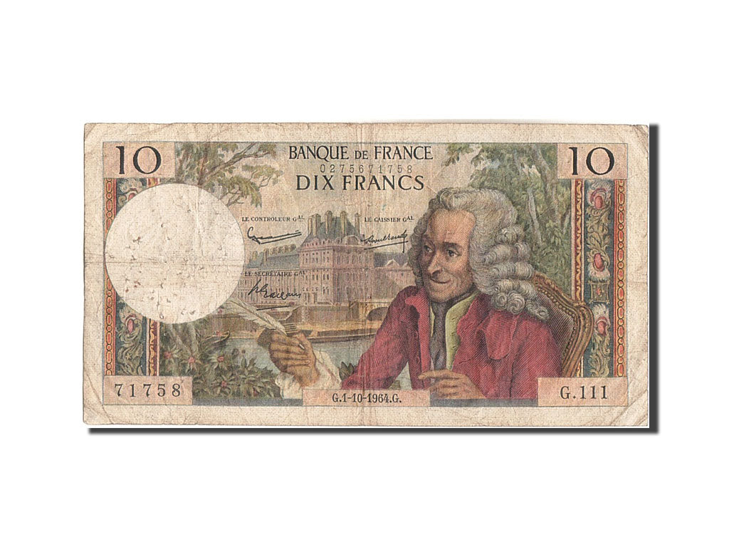 France, 10 Francs, 10 F 1963-1973 ''Voltaire'', 1964, 1964-10-01, KM:147a, B+...