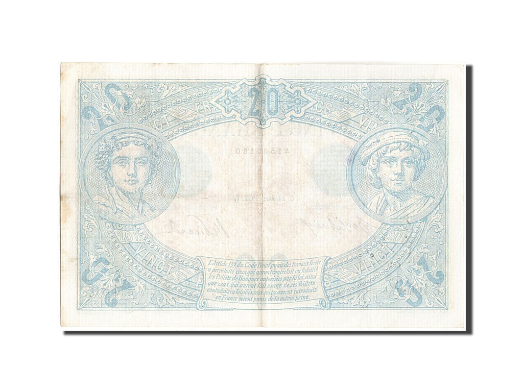 France, 20 Francs, 20 F 1905-1913 ''Bleu'', 1912, KM:68b, 1912-04-23, AU(50-5...