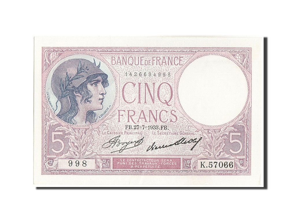 France, 5 Francs, 5 F 1917-1940 ''Violet'', 1933, KM:72e, 1933-07-27, UNC(64)...