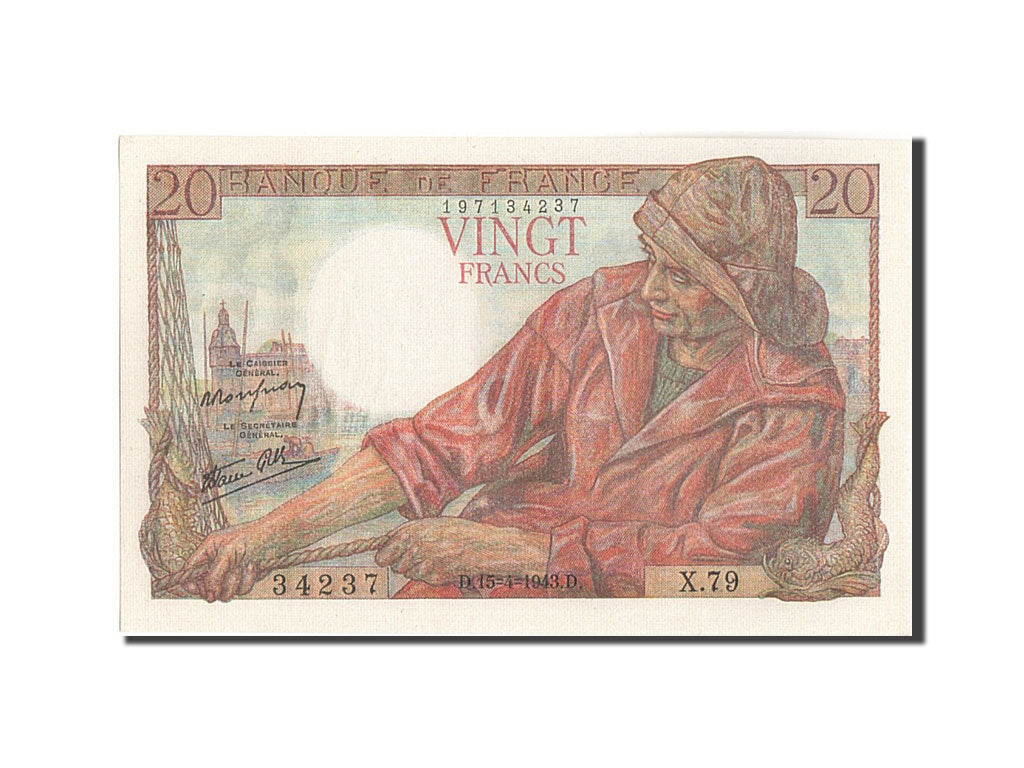 Banknote, France, 20 Francs, 20 F 1942-1950 ''Pêcheur'', 1943, 1943-04-15