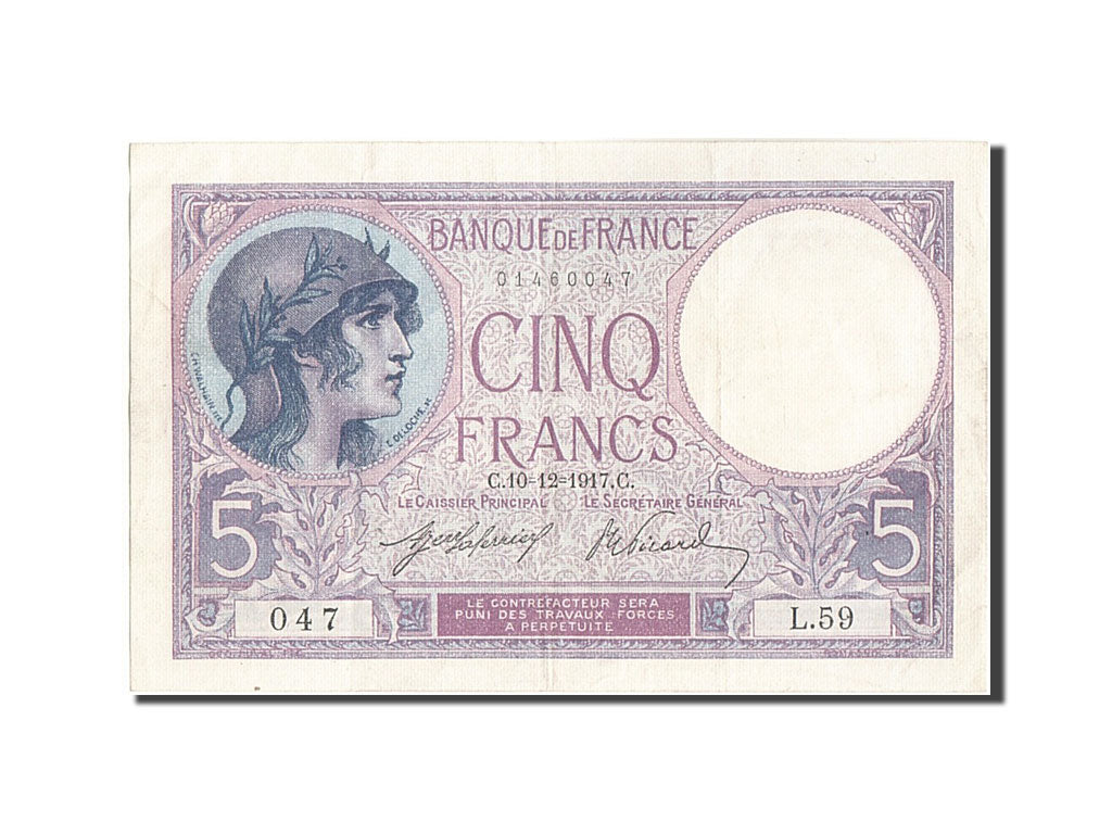 France, 5 Francs, 5 F 1917-1940 ''Violet'', 1917, KM:72a, 1917-12-10, AU(50-5...