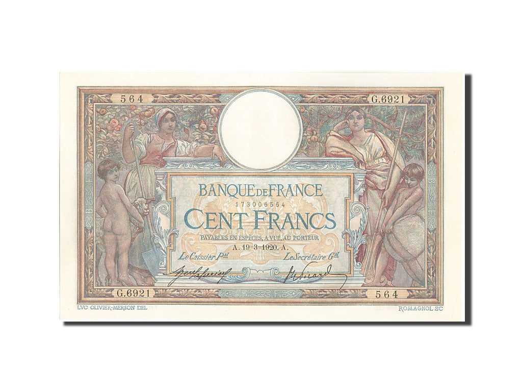 Banknote, France, 100 Francs, 100 F 1908-1939 ''Luc Olivier Merson'', 1920