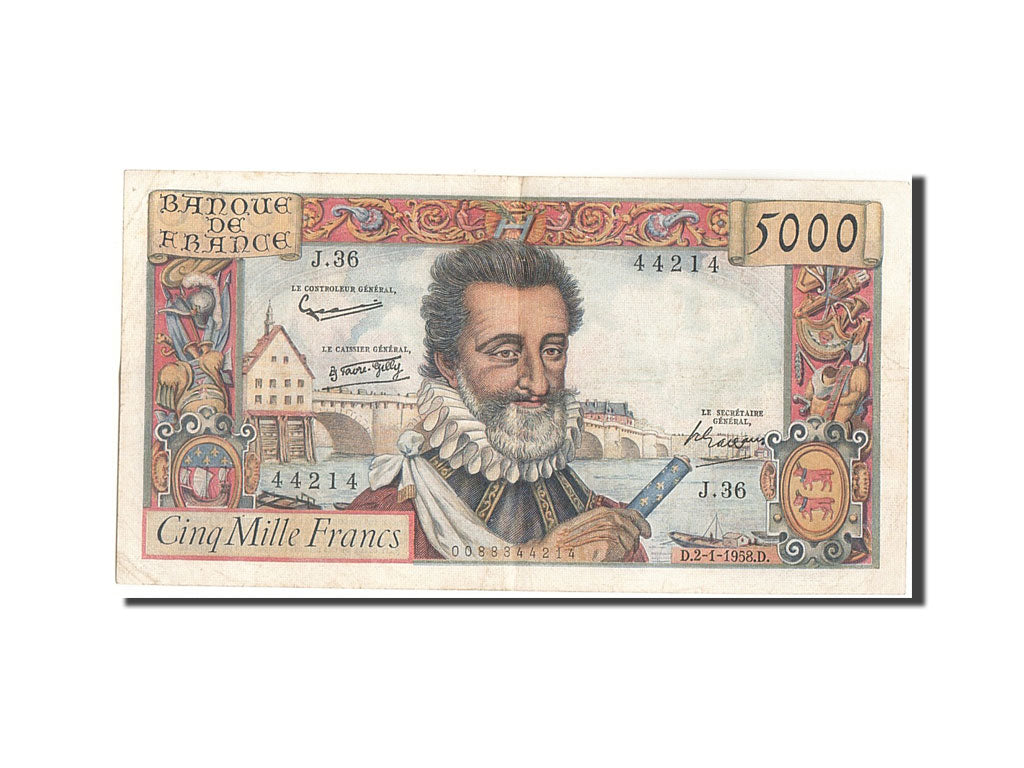 Banknote, France, 5000 Francs, 5 000 F 1957-1958 ''Henri IV'', 1958, 1958-01-02