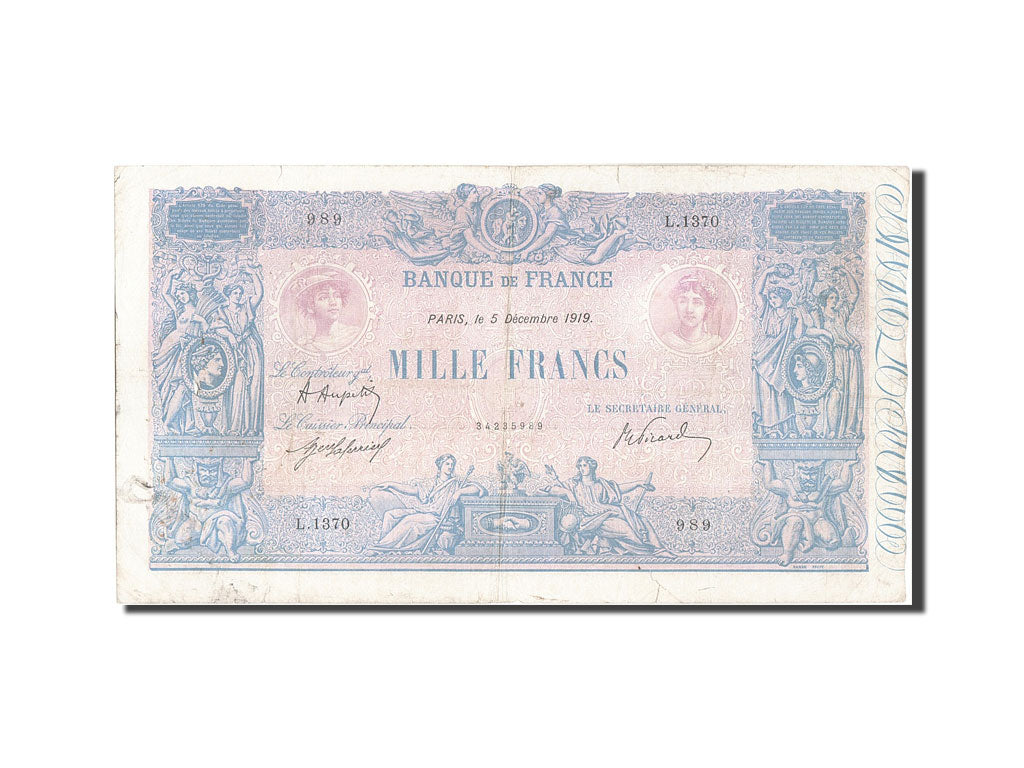 Francia, 1000 Francs, 1 000 F 1889-1926 ''Bleu et Rose'', 1919, KM:67h, 1919-...