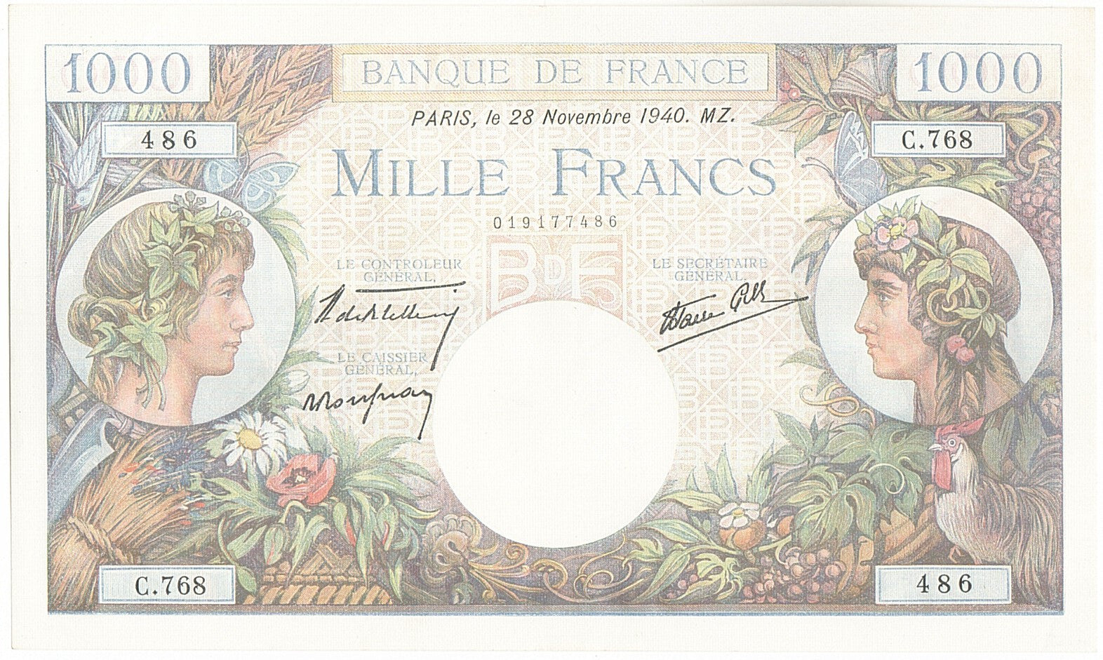 France, 1000 Francs, 1 000 F 1940-1944 ''Commerce et Industrie'', 1940, KM:96...