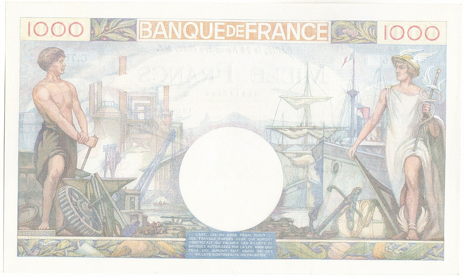 France, 1000 Francs, 1 000 F 1940-1944 ''Commerce et Industrie'', 1940, KM:96...