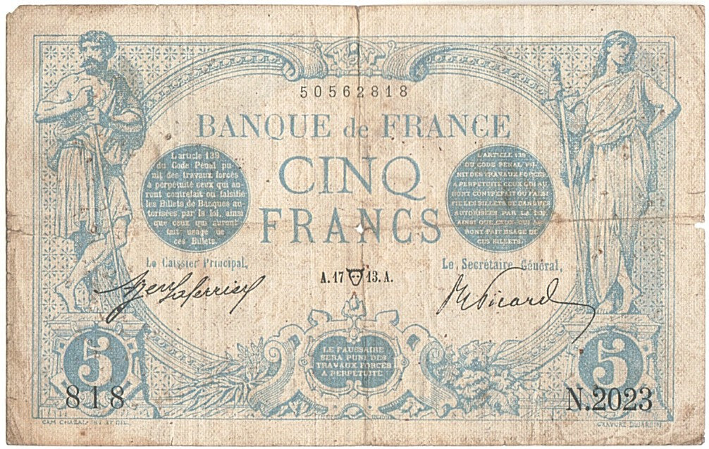 Geldschein, Frankreich, 5 Francs, 5 F 1912-1917 ''Bleu'', 1913, 1913-04-17, S