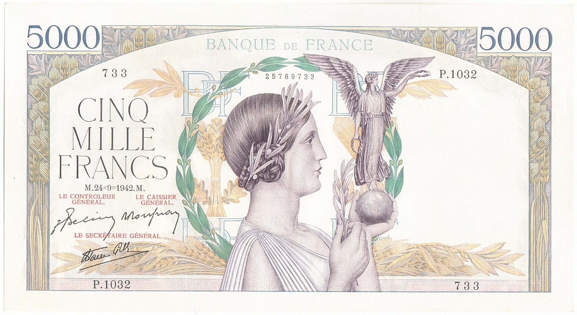 France, 5000 Francs, 5 000 F 1934-1944 ''Victoire'', 1942, 1942-09-24, KM:97c...