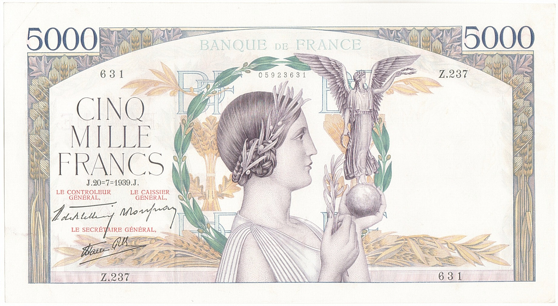 France, 5000 Francs, 5 000 F 1934-1944 ''Victoire'', 1939, KM:97a, 1939-07-20...