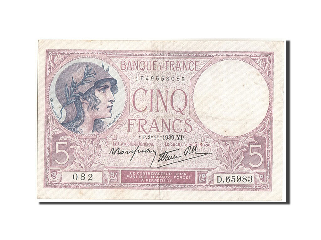 Geldschein, Frankreich, 5 Francs, 5 F 1917-1940 ''Violet'', 1939, 1939-11-02