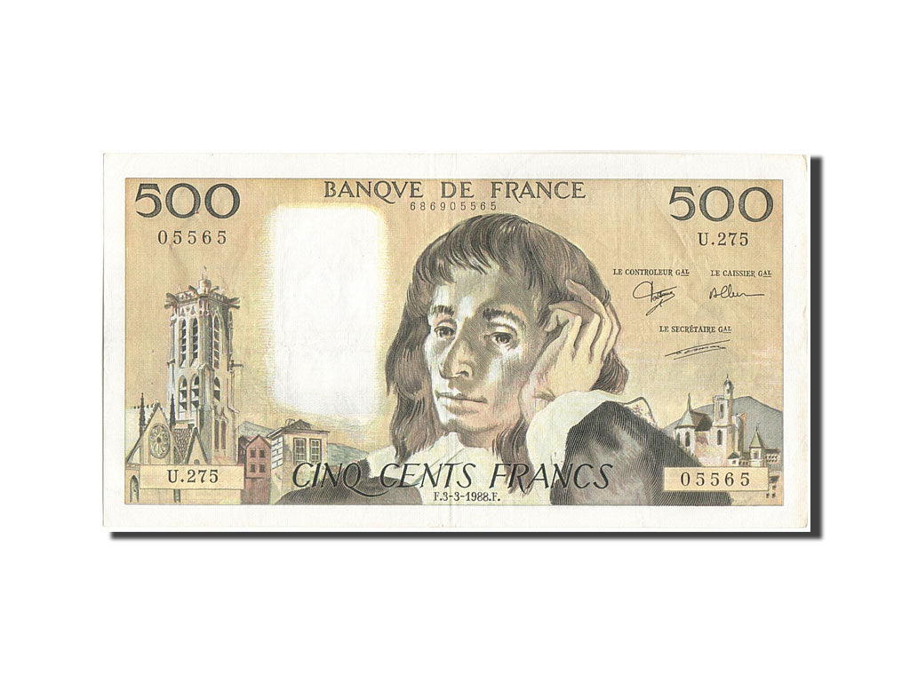 France, 500 Francs, 500 F 1968-1993 ''Pascal'', 1988, KM:156g, 1988-03-03, AU...