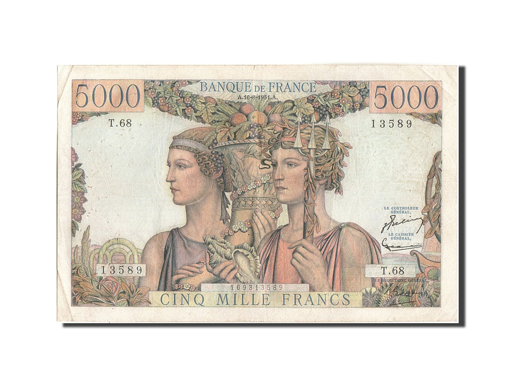Francia, 5000 Francs, 5 000 F 1949-1957 ''Terre et Mer'', 1951, KM:131c, 1951...