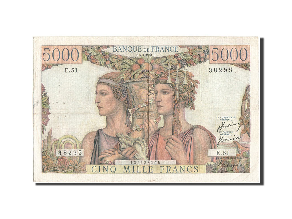 Francia, 5000 Francs, 5 000 F 1949-1957 ''Terre et Mer'', 1951, KM:131b, 1951...