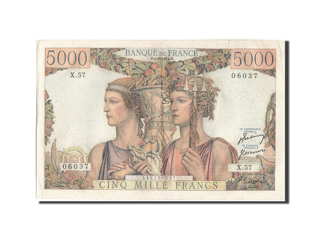 Francia, 5000 Francs, 5 000 F 1949-1957 ''Terre et Mer'', 1951, KM:131b, 1951...