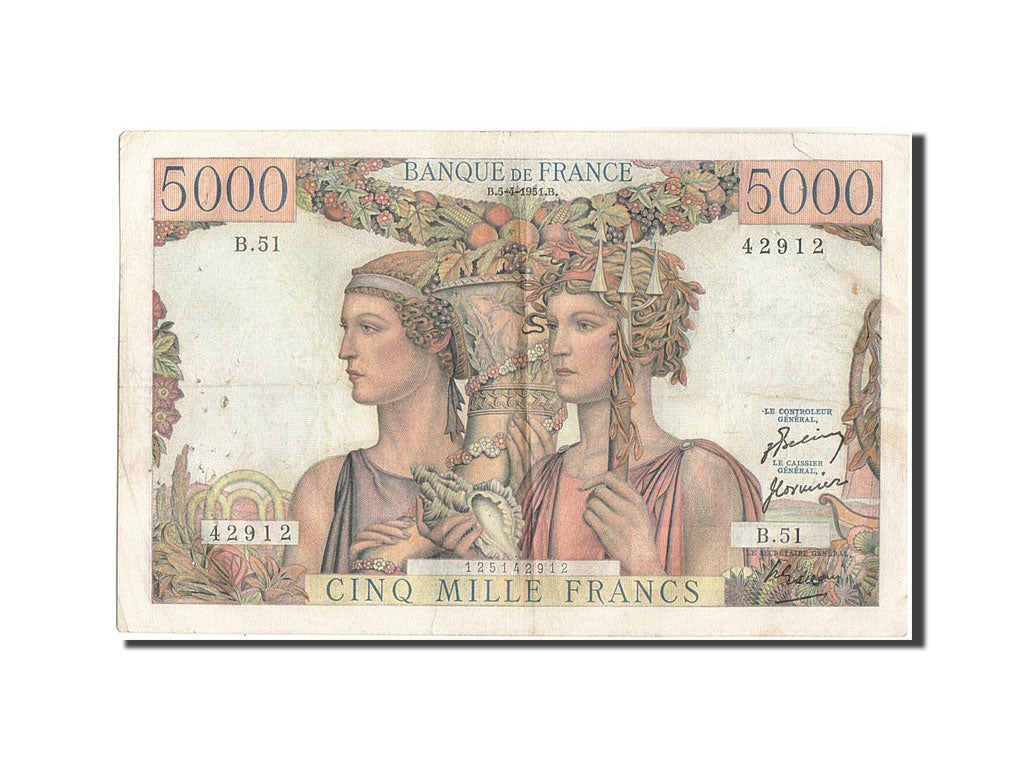 Francia, 5000 Francs, 5 000 F 1949-1957 ''Terre et Mer'', 1951, KM:131b, 1951...