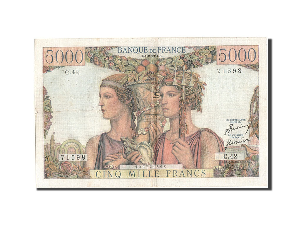 Geldschein, Frankreich, 5000 Francs, 5 000 F 1949-1957 ''Terre et Mer'', 1951