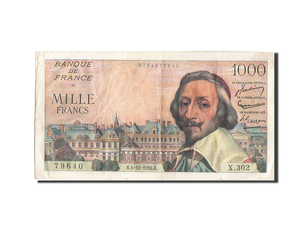 France, 1000 Francs, 1 000 F 1953-1957 ''Richelieu'', 1956, KM:134a, 1956-12-...