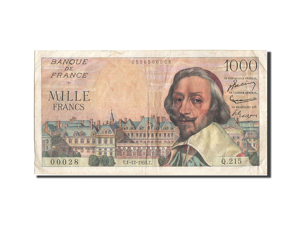Francia, 1000 Francs, 1 000 F 1953-1957 ''Richelieu'', 1955, KM:134a, 1955-12...