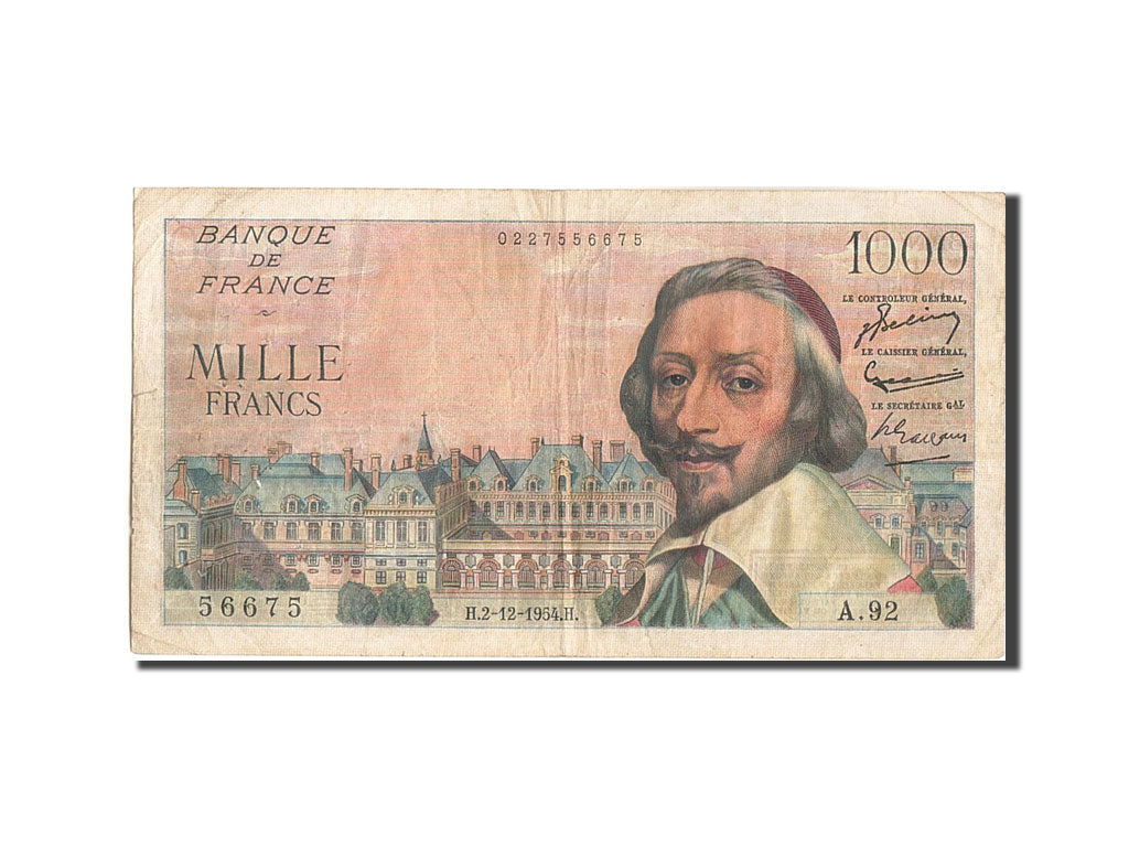 Francia, 1000 Francs, 1 000 F 1953-1957 ''Richelieu'', 1954, KM:134a, 1954-12...