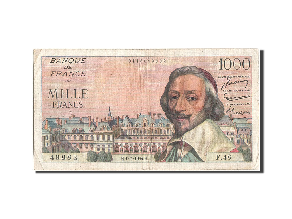 France, 1000 Francs, 1 000 F 1953-1957 ''Richelieu'', 1954, KM:134a, 1954-07-...