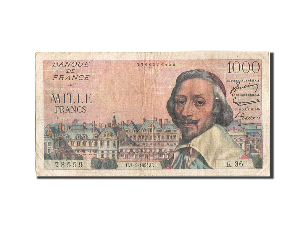 France, 1000 Francs, 1 000 F 1953-1957 ''Richelieu'', 1954, KM:134a, 1954-01-...