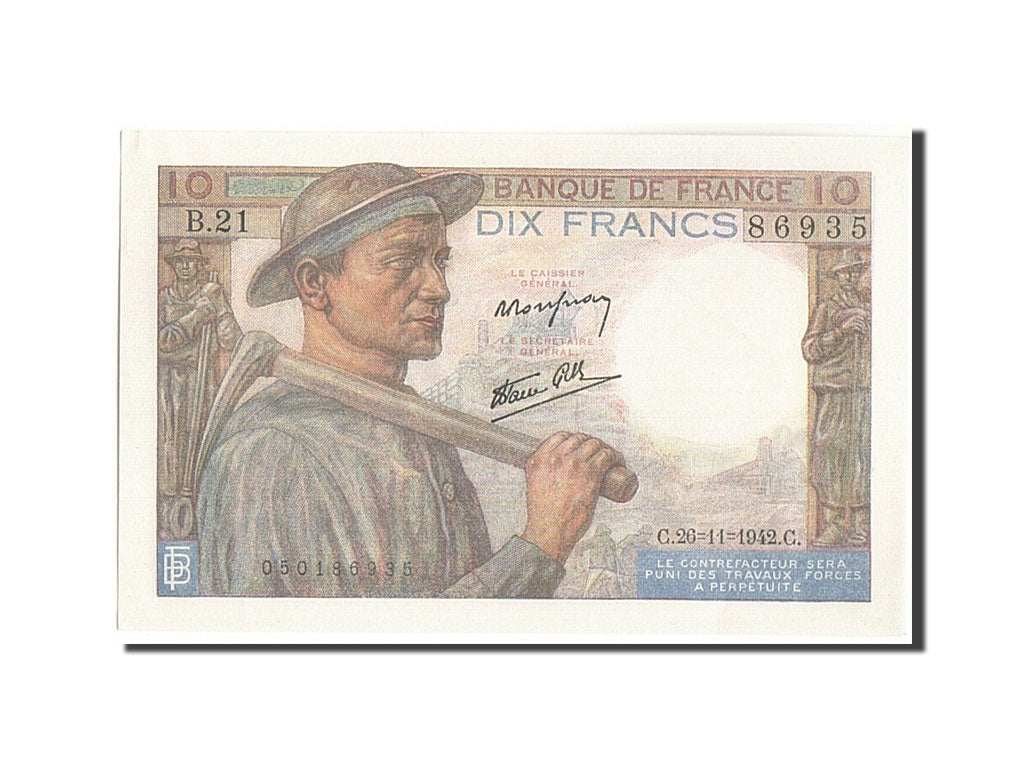France, 10 Francs, 10 F 1941-1949 ''Mineur'', 1942, KM:99e, 1942-11-26, UNC(6...