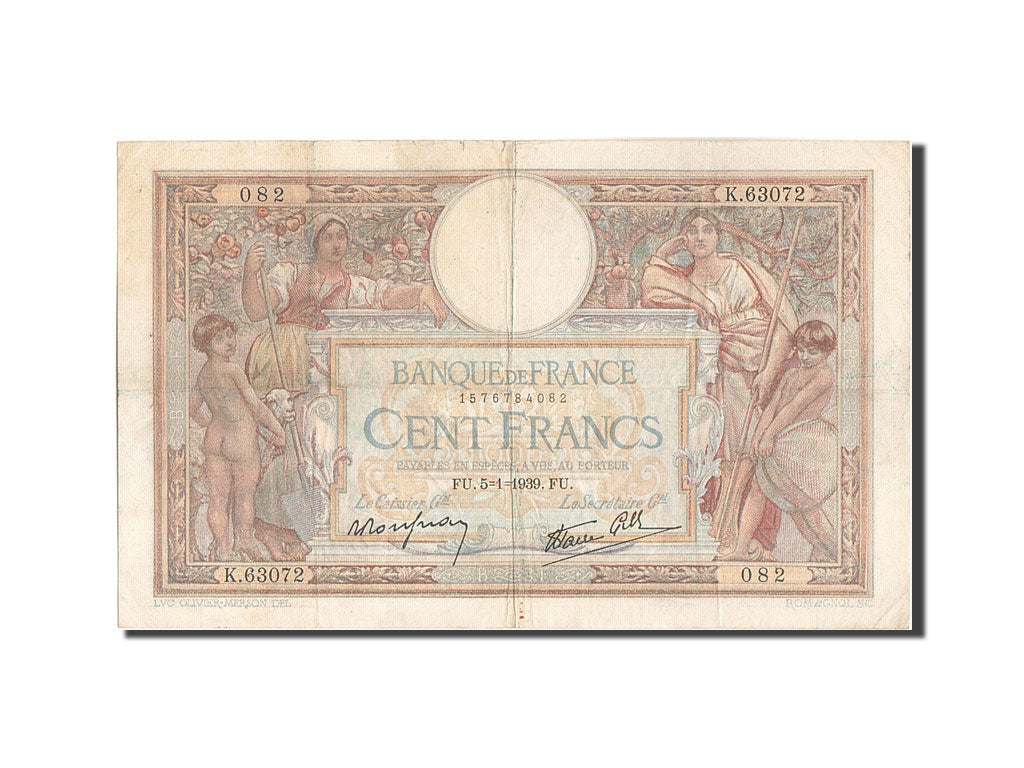 Banknote, France, 100 Francs, 100 F 1908-1939 ''Luc Olivier Merson'', 1939
