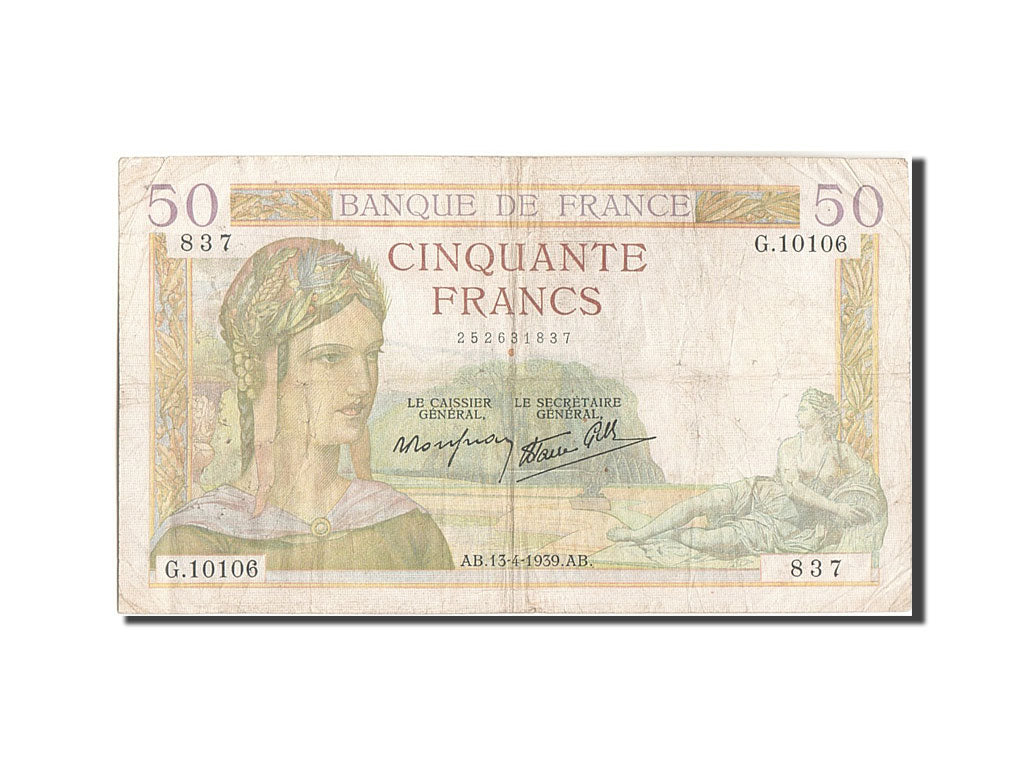 France, 50 Francs, 50 F 1934-1940 ''Cérès'', 1939, KM:85b, 1939-04-13, VG(8...