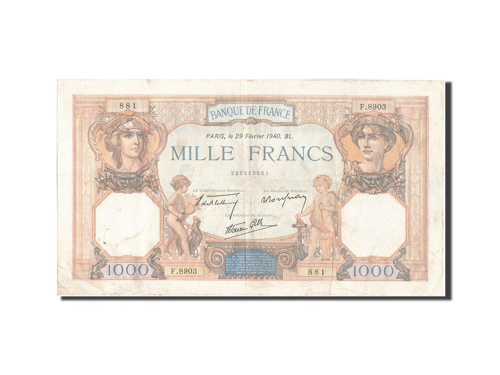 Geldschein, Frankreich, 1000 Francs, 1 000 F 1927-1940 ''Cérès et Mercure''