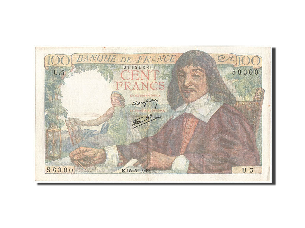 Banknot, Francja, 100 Francs, Descartes, 1942, 1942-05-15, EF(40-45)