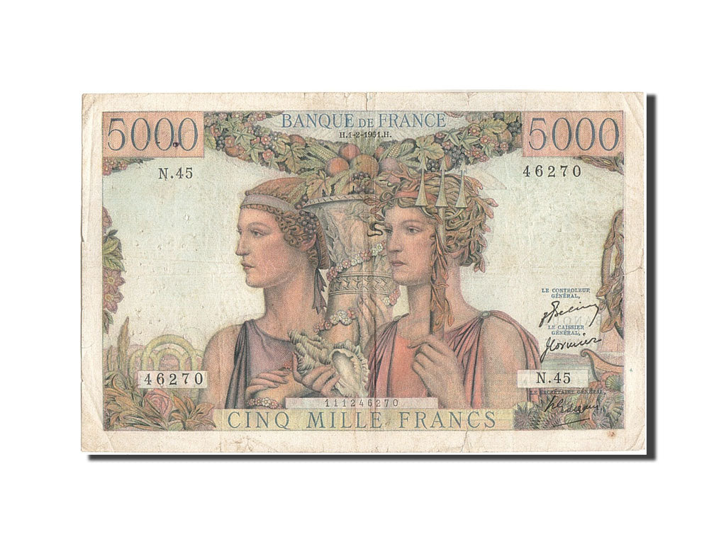 Francia, 5000 Francs, 5 000 F 1949-1957 ''Terre et Mer'', 1951, KM:131b, 1951...