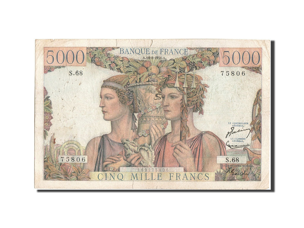Francia, 5000 Francs, 5 000 F 1949-1957 ''Terre et Mer'', 1951, KM:131c, 1951...