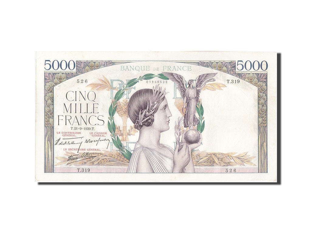 Banknote, France, 5000 Francs, 5 000 F 1934-1944 ''Victoire'', 1939, 1939-09-21