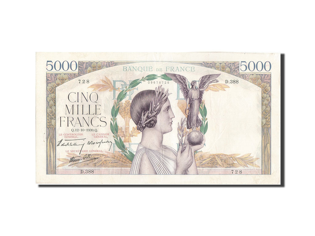 Geldschein, Frankreich, 5000 Francs, 5 000 F 1934-1944 ''Victoire'', 1939