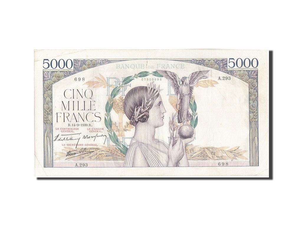 Banknote, France, 5000 Francs, 5 000 F 1934-1944 ''Victoire'', 1939, 1939-09-14