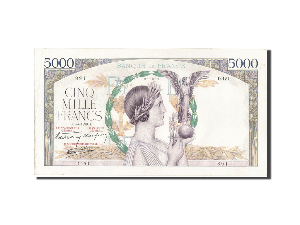 Billet, France, 5000 Francs, 5 000 F 1934-1944 ''Victoire'', 1939, 1939-04-06