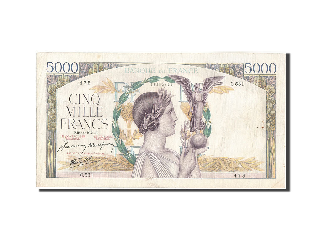 France, 5000 Francs, 5 000 F 1934-1944 ''Victoire'', 1941, KM:97c, 1941-04-24...