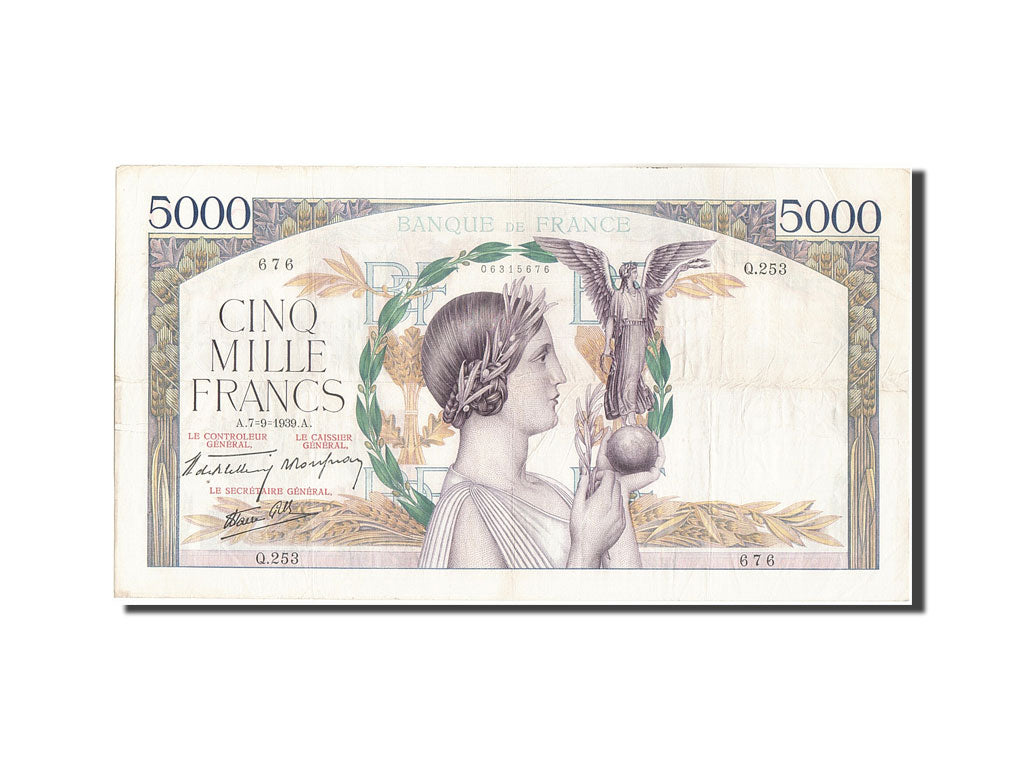 Geldschein, Frankreich, 5000 Francs, 5 000 F 1934-1944 ''Victoire'', 1939