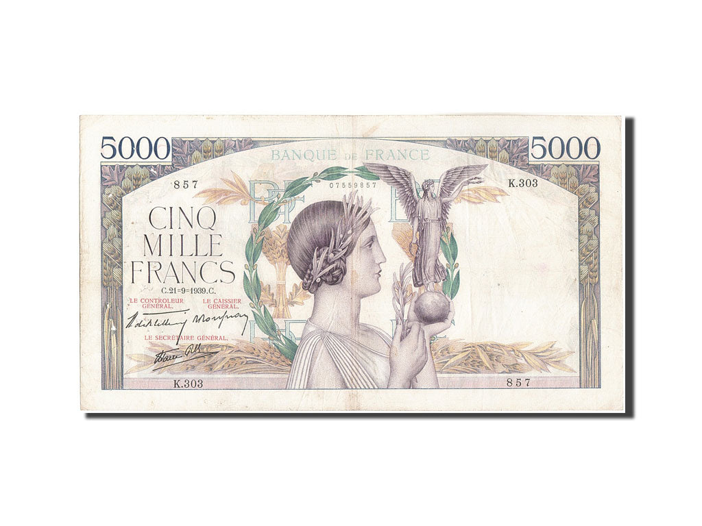 France, 5000 Francs, 5 000 F 1934-1944 ''Victoire'', 1939, KM:97a, 1939-09-21...