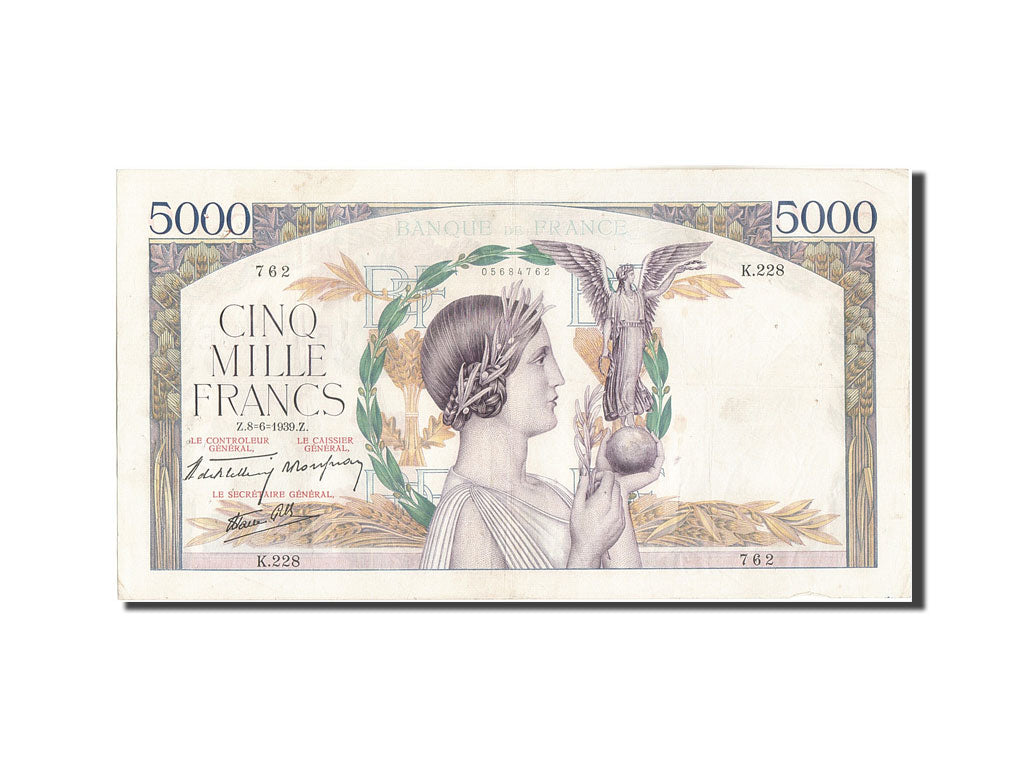 Geldschein, Frankreich, 5000 Francs, 5 000 F 1934-1944 ''Victoire'', 1939