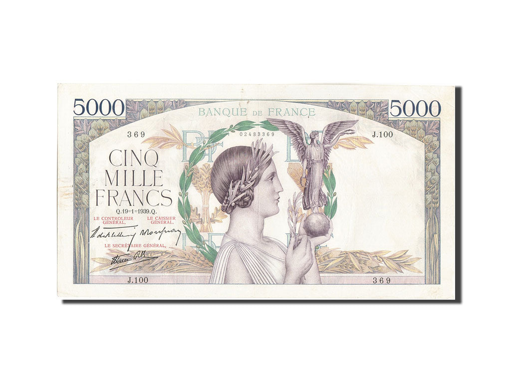 Geldschein, Frankreich, 5000 Francs, 5 000 F 1934-1944 ''Victoire'', 1939