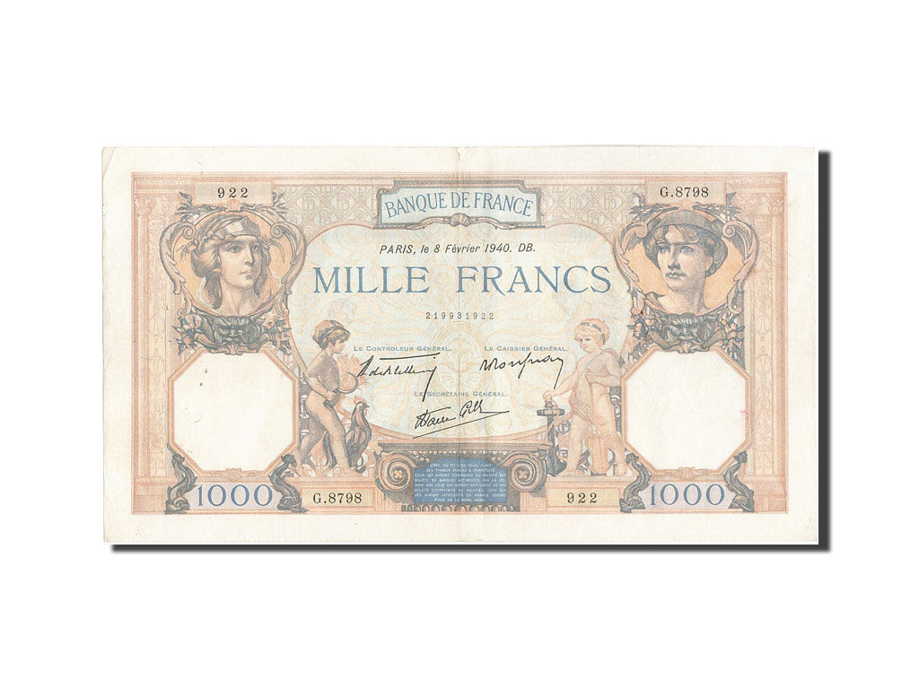 Banknot, Francja, 1000 Francs, Cérès et Mercure, 1940, 1940-02-08, EF(40-45)